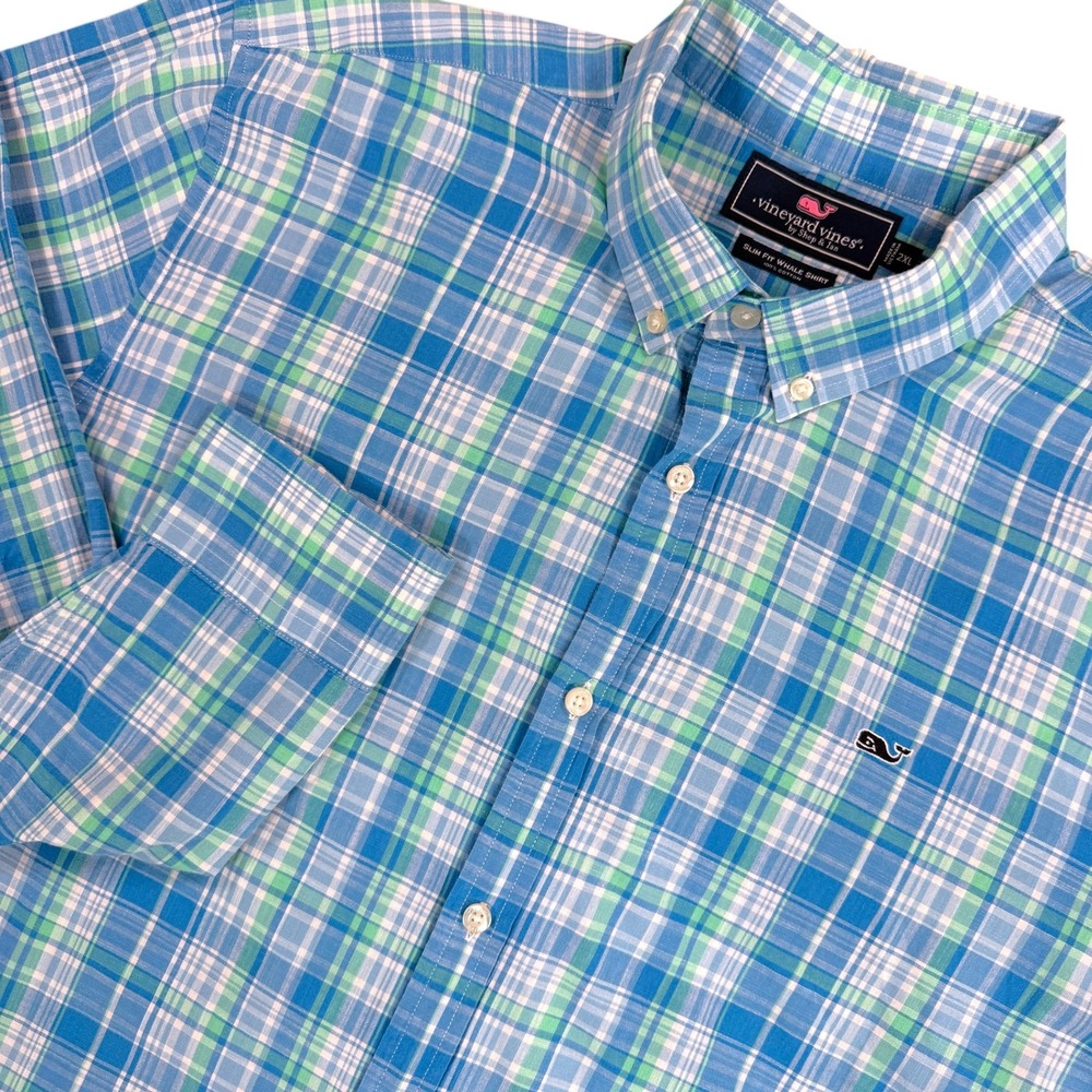 VINEYARD VINES Slim Fit Whale Shirt Button Down Shirt Mens 2XL Blue Green Plaid